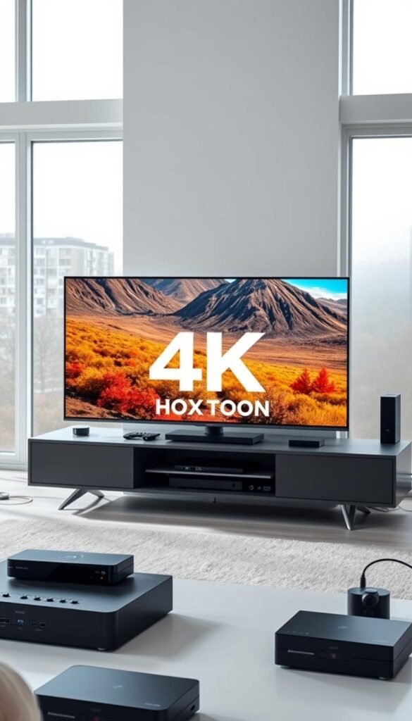 A sleek, high-end 4K TV stands prominently in the foreground, its display showcasing a vibrant, crystal-clear image. The TV is positioned on a modern, minimalist entertainment center, surrounded by a variety of streaming devices and cables, suggesting a comprehensive home entertainment setup. In the middle ground, a Hoxtoon Provider logo is subtly integrated, hinting at the IPTV service's role in enabling the 4K upgrade. The background features a clean, well-lit room with large windows, providing a sense of openness and high-quality viewing experience. Soft, directional lighting illuminates the scene, accentuating the TV's premium design and the overall atmosphere of technological sophistication.
