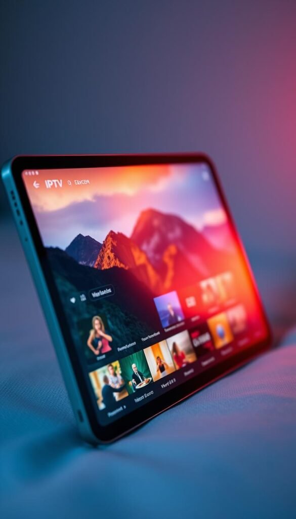 A sleek, high-resolution iOS device displays a vibrant, 4K IPTV interface from the Hoxtoon Provider. The screen showcases a visually stunning, ultra-HD nature documentary, with crisp details and vivid colors. Diffused, soft lighting casts a warm, cinematic glow over the scene, complementing the premium quality of the IPTV service. The device is angled slightly, highlighting its modern, minimalist design and the seamless integration of the 4K IPTV experience. The background is blurred, placing the focus entirely on the captivating on-screen content and the exceptional capabilities of the iOS device.