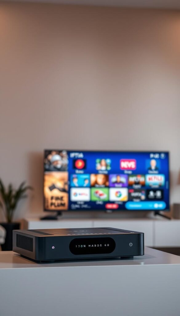 A sleek, high-tech IPTV setup in a modern living room. In the foreground, a Hoxtoon Provider IPTV box sits atop a minimalist entertainment center, its LED lights pulsing softly. The middle ground features a large, 4K Ultra HD television displaying a crisp, vibrant interface, showcasing the power and clarity of IPTV technology. The background is bathed in warm, ambient lighting, creating a cozy, inviting atmosphere that complements the cutting-edge electronics. The composition is balanced, with clean lines and a subtle color palette that evokes a sense of sophistication and technological prowess.