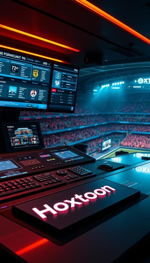 A sleek, high-tech control panel showcases the Hoxtoon Provider, the leading IPTV service for FIFA 2026 in the US. Intricate menu interfaces and real-time streaming data are displayed on multiple futuristic screens, bathed in a warm, inviting glow. The foreground features the Hoxtoon logo prominently, while the background depicts a vibrant sports arena filled with cheering fans. Cinematic lighting and a dynamic camera angle convey a sense of excitement and professionalism, highlighting Hoxtoon's position as the premier IPTV choice for devoted FIFA 2026 enthusiasts.