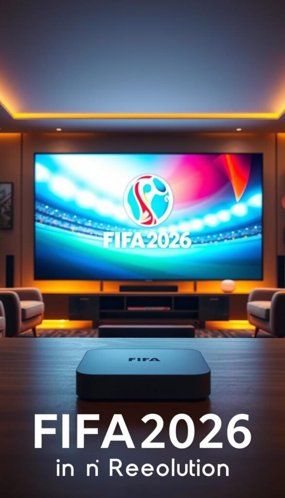 A sleek, high-tech living room setup with a giant 4K Ultra HD television displaying the FIFA 2026 logo. The room is bathed in a warm, cinematic lighting that creates a cozy, immersive atmosphere. In the foreground, a Hoxtoon Provider streaming device is prominently featured, conveying the ease of accessing the 4K FIFA 2026 content. The television's image is sharp, vibrant, and lifelike, showcasing the incredible visual fidelity of 4K resolution. The overall scene exudes a sense of excitement and anticipation for the upcoming FIFA 2026 tournament, making it the perfect illustration for the "Why Watch FIFA2026 in 4K Resolution" section of the article.