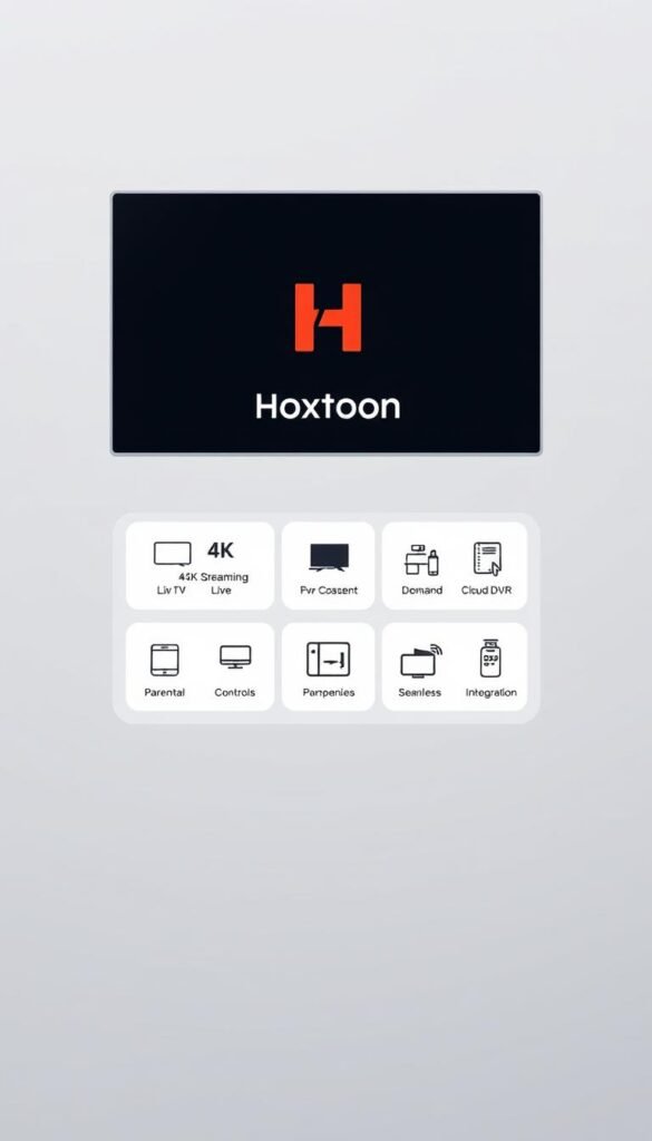 A sleek, minimalist illustration of the Hoxtoon Provider IPTV service features. In the foreground, a floating window showcases the Hoxtoon logo and a selection of icons representing the service's key capabilities - 4K streaming, live TV channels, on-demand content, and cloud DVR. The middle ground features a clean, abstract grid layout highlighting additional features like parental controls, multi-device support, and seamless integration. The background is a soft, muted gradient, creating a sense of depth and sophistication. The overall aesthetic is modern, visually compelling, and aligns with the article's focus on Hoxtoon's premium IPTV offering.