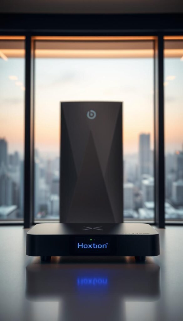 A sleek, modern 4K IPTV service hub, the Hoxtoon Provider, stands prominently in the center of the frame. Backlit by a soft, warm glow, its clean lines and minimalist design exude a sense of technological sophistication. In the foreground, a high-quality streaming device commands attention, showcasing the seamless integration of Hoxtoon's cutting-edge hardware and software. The background subtly fades into a distant cityscape, hinting at the global reach and reliability of this leading IPTV service. Precise lighting and a carefully crafted camera angle capture the essence of Hoxtoon's unparalleled service, projecting a sense of confidence and trust.