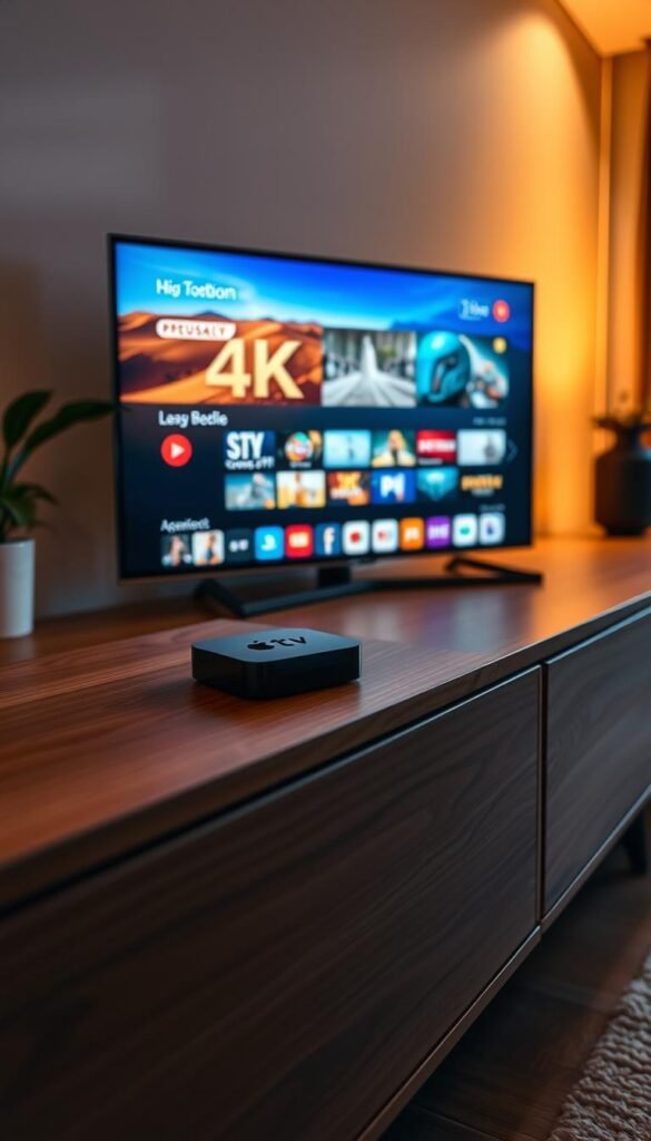 A sleek, modern Apple TV device rests on a minimalist, wood-paneled entertainment unit. The screen displays a vibrant, 4K IPTV interface, showcasing Hoxtoon Provider's cutting-edge streaming capabilities. Warm, directional lighting illuminates the scene, highlighting the Apple TV's elegant design and the rich, detailed 4K visuals. The room's decor is tasteful and subtle, creating a cozy, inviting atmosphere perfect for immersive entertainment. The overall composition emphasizes the seamless integration of advanced 4K IPTV technology into a refined, contemporary home theater setup.