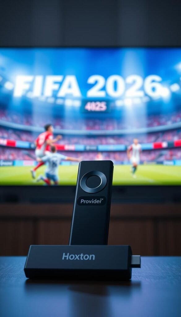A sleek, modern Firestick 4K device against a backdrop of a vibrant, high-resolution display showcasing the FIFA 2026 match. Dramatic lighting illuminates the Firestick, highlighting its streamlined design and the Hoxtoon Provider logo prominently displayed. The scene conveys a sense of cinematic immersion, emphasizing the power and clarity of 4K streaming for the ultimate FIFA viewing experience. The foreground is in sharp focus, while the background blurs softly, directing the viewer's attention to the core technology at the heart of this setup.