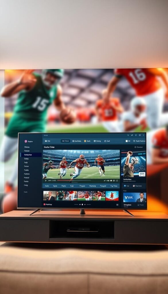 A sleek, modern IPTV streaming service interface, showcasing the Hoxtoon Provider brand. Prominently displayed in the center, a high-resolution 4K video player with sports content playing, surrounded by a clean, minimalist dashboard. In the background, blurred stock footage of popular sports events like basketball, football, and soccer. Warm, directional lighting illuminates the scene, creating depth and a premium feel. The overall composition conveys a premium, user-friendly IPTV experience tailored for the American market.