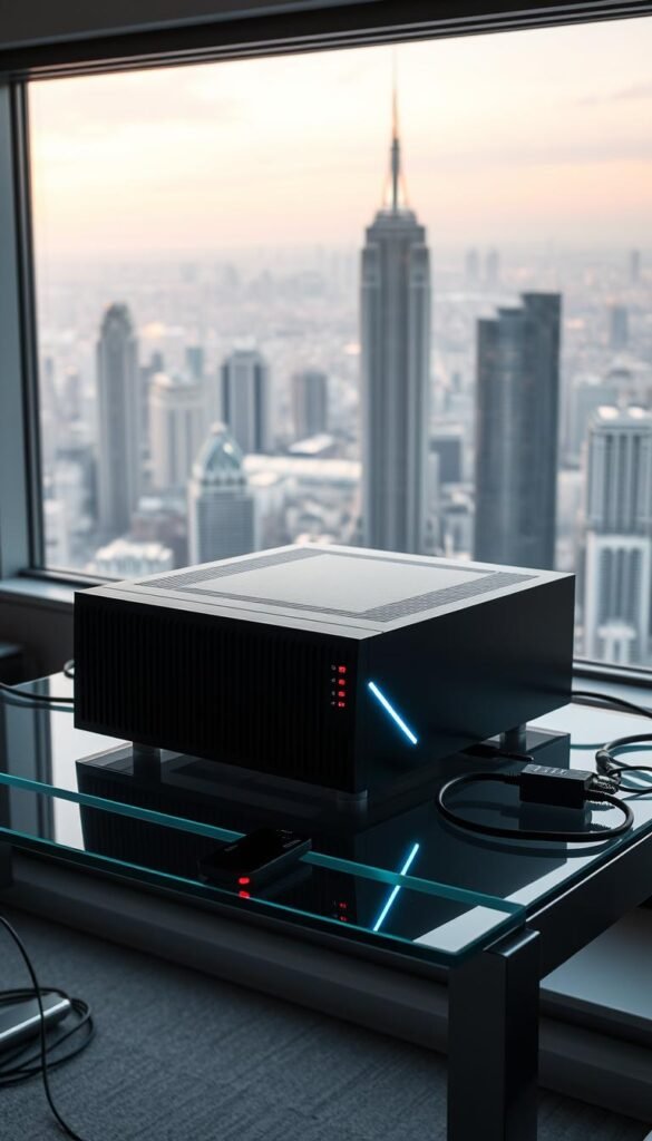 A sleek, modern IPTV4K private server by Hoxtoon Provider, resting on a minimalist glass-and-steel desk. The server's angular design and LED indicators emit a soft, ambient glow, illuminating the space with a sense of technological sophistication. In the background, a vast city skyline fills the window, hinting at the server's global reach and high-speed connectivity. Carefully arranged cables and peripherals suggest the server's advanced functionality and attention to detail. The overall scene conveys the power, reliability, and cutting-edge features of the Hoxtoon IPTV4K private server.