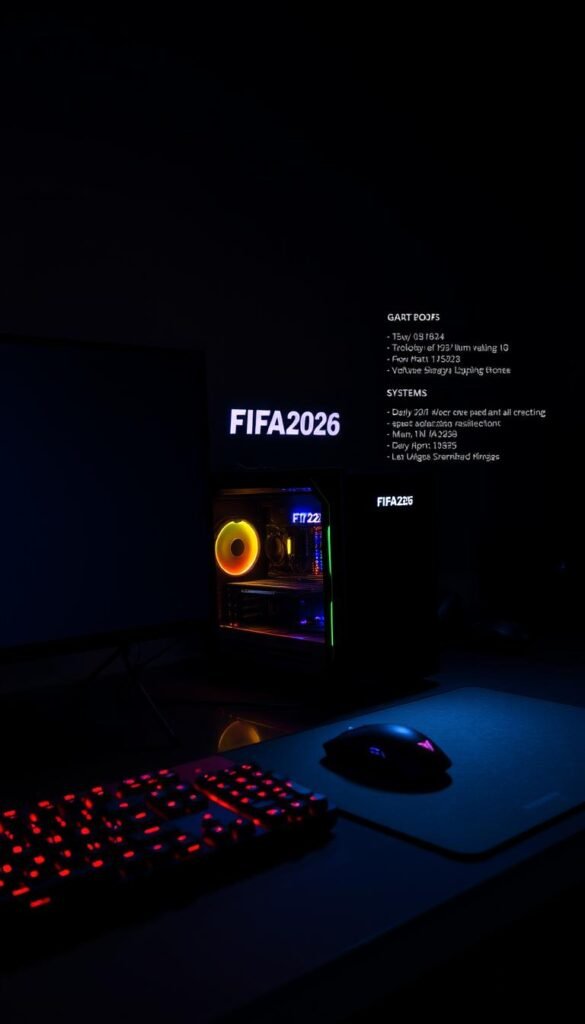 A sleek, modern PC setup with a prominent display showcasing the FIFA2026 logo against a dark, shadowy background. The foreground features an array of gaming peripherals, including a high-end keyboard, mouse, and a state-of-the-art gaming mouse pad. The middle ground highlights a powerful gaming desktop, its case illuminated by subtle RGB lighting, reflecting the Hoxtoon Provider brand. In the background, a series of technical specifications and system requirements are displayed, conveying the necessary hardware to run FIFA2026 in stunning 4K resolution.