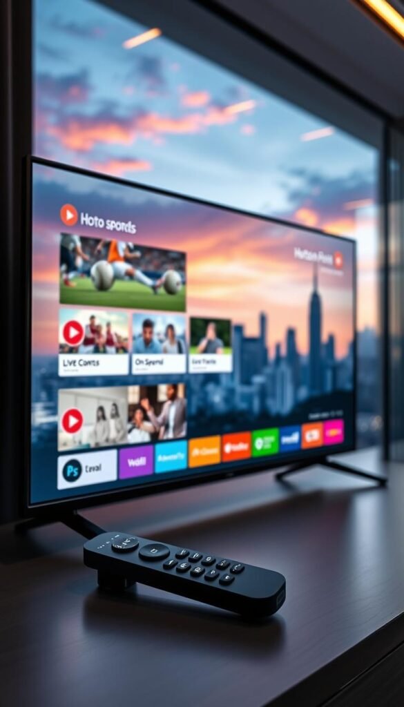 A sleek, modern digital display showcases the Hoxtoon Provider IPTV service against a backdrop of a vibrant city skyline. The interface features intuitive navigation, highlighting live sports events and on-demand content in crisp 4K resolution. In the foreground, a smart TV remote exudes a premium, minimalist design. Subtle lighting accentuates the clean lines and rich colors, creating an atmosphere of high-tech sophistication. The overall composition conveys the reliability, accessibility, and cutting-edge technology of the Hoxtoon Provider IPTV platform.