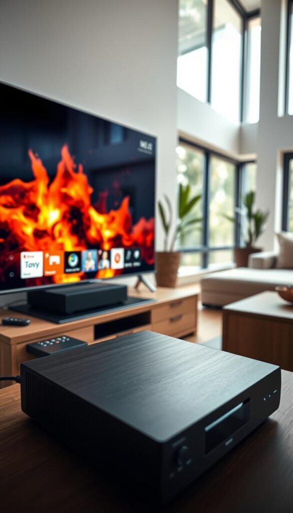 A sleek, modern home entertainment setup showcases the power of a 4K IPTV upgrade. In the foreground, a state-of-the-art smart TV displays vibrant, high-resolution content, its crisp image quality punctuated by deep blacks and vivid colors. The TV is flanked by a high-end media receiver and streaming device, all connected by clean, minimalist cabling. In the middle ground, a stylish entertainment console houses the electronics, its smooth, wood-grain finish complementing the modern décor. The background features a warm, inviting living room with large windows that flood the space with natural light, creating a comfortable, immersive viewing experience. The Hoxtoon Provider logo discreetly adorns the media receiver, highlighting the premium quality of the IPTV service powering this stunning 4K upgrade.