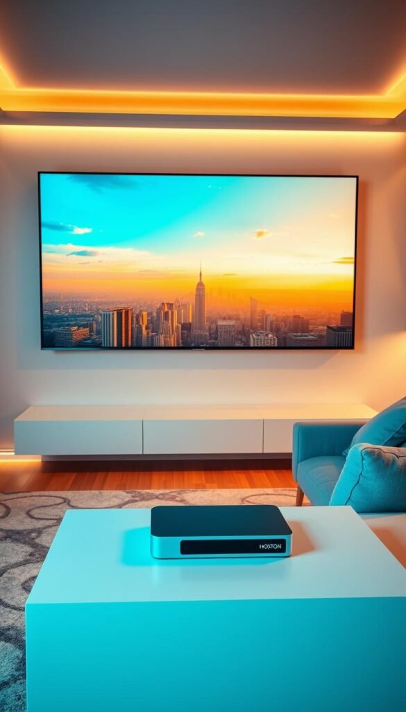 A sleek, modern living room with a large 4K OLED TV mounted on the wall, showcasing the vibrant, crystal-clear display of Hoxtoon Provider's premium IPTV streaming service. The room is bathed in warm, soft lighting, creating a cozy and inviting atmosphere. In the foreground, a state-of-the-art streaming device sits on a minimalist white entertainment center, symbolizing the seamless integration of Hoxtoon Provider's technology. The middle ground features a plush, comfortable sofa facing the TV, inviting viewers to sit back and enjoy the ultimate 4K streaming experience. The background depicts a panoramic cityscape, hinting at the global reach and expansive content library of the Hoxtoon Provider IPTV service.