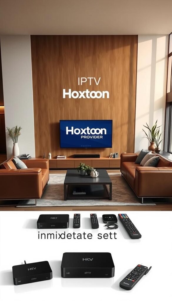 A sleek, modern living room with a large 4K TV taking center stage. The Hoxtoon Provider logo is prominently displayed on the screen, indicating an IPTV setup. Plush leather couches and minimalist decor create a cozy, premium atmosphere. Warm, soft lighting casts a gentle glow, while large windows let in natural daylight, illuminating the room. In the foreground, various IPTV streaming devices, remotes, and cables are neatly arranged, showcasing the "immediate setup" aspect. The overall scene conveys a sense of effortless technology integration and a seamless entertainment experience.