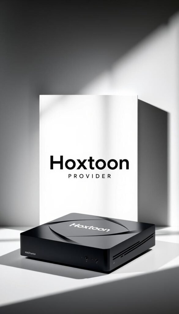A sleek, modern-looking MAG box with the "Hoxtoon Provider" logo prominently displayed on the front panel. The box is set against a minimalist, clean background that highlights its sharp, angular design. Dramatic side lighting casts dramatic shadows, emphasizing the box's sophisticated, high-tech aesthetic. The image conveys a sense of power, reliability, and cutting-edge technology, perfectly suited for IPTV streaming.