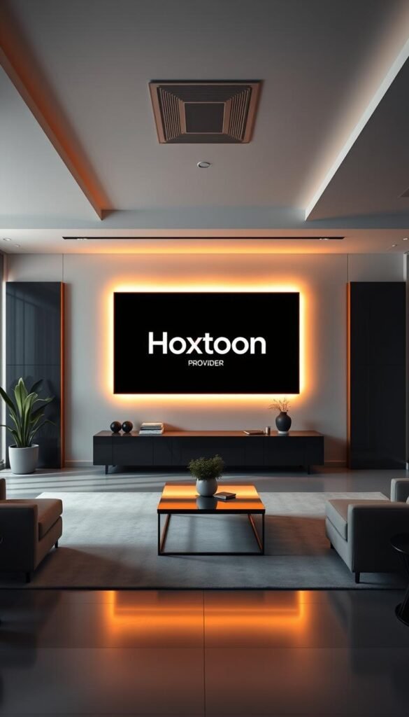 A sleek, modern office interior with a large display screen showcasing the "Hoxtoon Provider" brand logo in the center. The screen is backlit with a warm, inviting glow, casting a soft light across the space. The room is filled with minimalist furniture, clean lines, and subtle accents that create a professional and sophisticated atmosphere. The camera angle is positioned slightly above eye level, giving a sense of authority and importance to the Hoxtoon brand. The lighting is carefully balanced, creating deep shadows and highlights that add depth and drama to the scene. The overall effect is one of a leading, trusted IPTV provider in the USA, offering a premium 4K streaming experience.