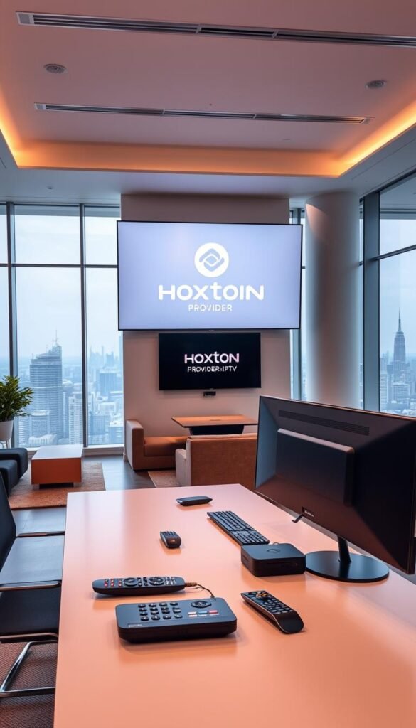 A sleek, modern office interior with a large display screen showcasing the Hoxtoon Provider IPTV logo and services. The scene is bathed in warm, soft lighting, creating a professional and inviting atmosphere. In the foreground, a minimalist desk with a high-end computer setup takes center stage. On the desk, various remote controls and streaming devices are neatly arranged, highlighting the advanced technological capabilities of the Hoxtoon Provider IPTV system. The middle ground features comfortable seating areas, where customers can comfortably explore the IPTV offerings. The background showcases sweeping city skyline views through large windows, emphasizing the urban, modern setting of the Hoxtoon Provider headquarters.