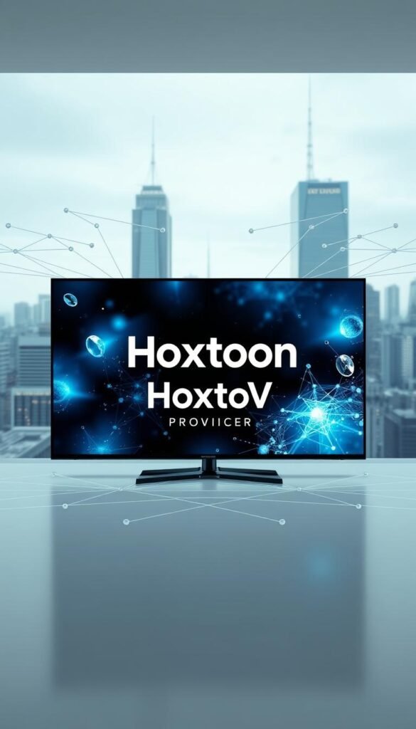 A sleek, modern rendering of IPTV streaming technology, showcasing the Hoxtoon Provider brand. In the foreground, a 4K Ultra HD television displays crisp, vibrant imagery, surrounded by a minimalist, monochromatic design. The middle ground features a sophisticated network topology, with data streams and connection points emphasizing the advanced infrastructure powering Hoxtoon's reliable service. In the background, a cityscape backdrop sets the scene, hinting at the widespread accessibility and availability of Hoxtoon's IPTV offerings. Lighting is soft and diffused, with a sense of depth and dimension that draws the viewer into the scene. The overall composition conveys a sleek, technologically advanced, and trustworthy image of Hoxtoon as America's premier IPTV provider.
