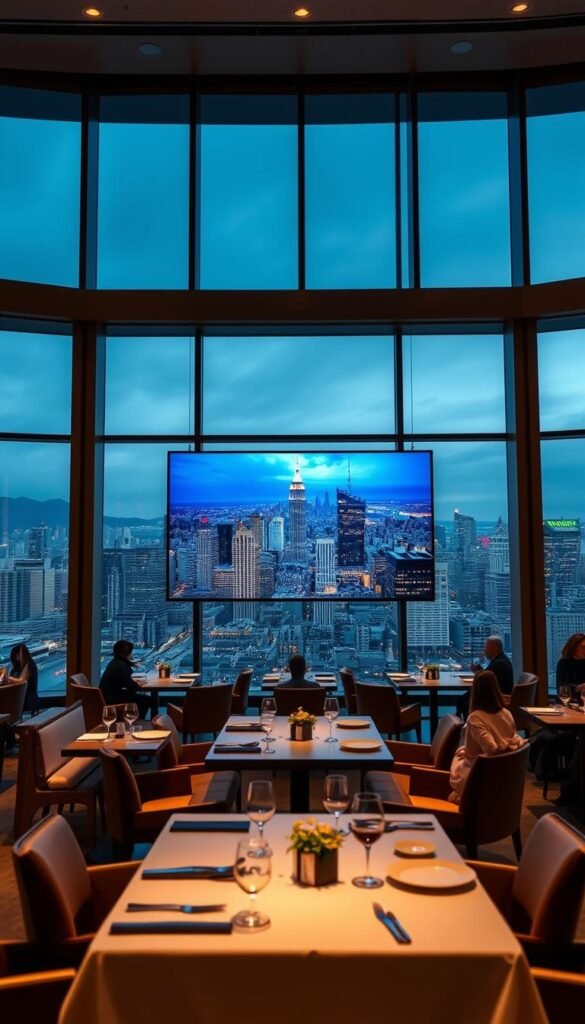 A sleek, modern restaurant interior with floor-to-ceiling windows overlooking a bustling city skyline. At the center, a state-of-the-art 4K IPTV display from Hoxtoon Provider showcases stunning high-definition visuals, captivating diners with a mesmerizing entertainment experience. Soft, ambient lighting creates a sophisticated ambiance, while carefully placed furniture and decor elements subtly frame the focal point of the 4K IPTV screen. The scene radiates a sense of technological advancement seamlessly integrated into an elegant, upscale dining environment, reflecting the evolution of entertainment in the modern restaurant industry.