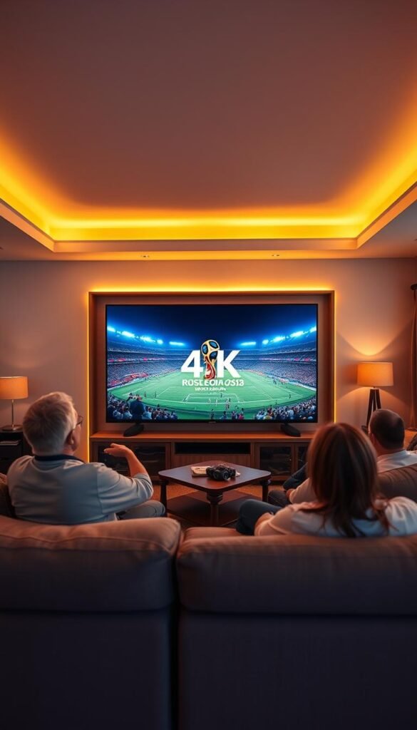 A spacious living room with a massive 4K television taking center stage, surrounded by plush seating and a cozy atmosphere. The room is bathed in warm, ambient lighting, creating a sense of comfort and anticipation. On the screen, the Hoxtoon Provider logo shines brightly, showcasing the high-quality 4K World Cup broadcast. Viewers are leaning forward, eyes fixed on the action, their expressions filled with excitement and awe as they experience the match in stunning detail and clarity. The room is filled with the energy of the game, creating a truly immersive and thrilling viewing experience.