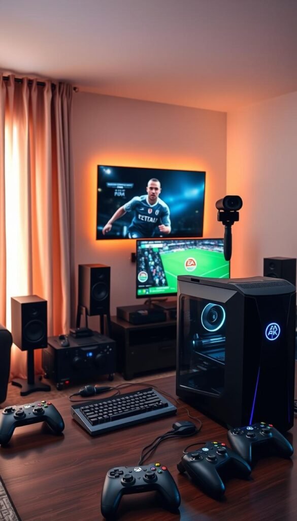 A spacious, modern home entertainment setup with a large 4K TV mounted on the wall, surrounded by high-end audio equipment and gaming peripherals. In the foreground, a sleek black gaming PC with the Hoxtoon Provider logo prominently displayed on the case. On the desk, a high-quality gaming mouse, keyboard, and a state-of-the-art webcam pointed at the player. The room is bathed in a warm, ambient lighting that creates a cozy, focused atmosphere perfect for an immersive FIFA gaming session. The curtains are drawn, blocking out any external distractions, allowing the player to fully concentrate on the game. An array of game controllers, including the latest FIFA edition, are neatly arranged, ready for use. The overall scene conveys a sense of technological prowess and dedication to achieving the best possible 4K streaming experience for FIFA.