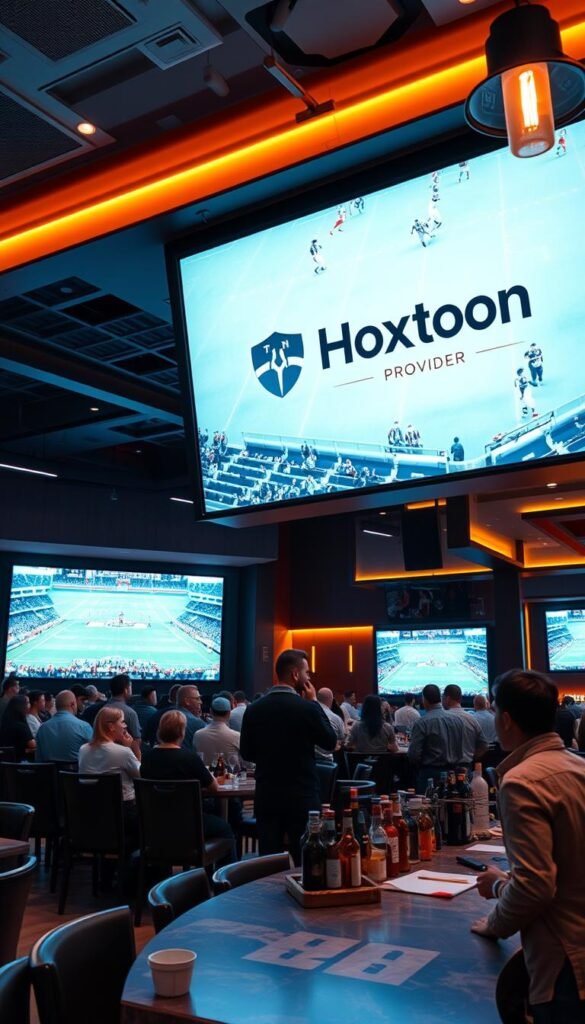 A spacious sports bar interior with a massive 4K IPTV screen as the centerpiece, showcasing the Hoxtoon Provider logo prominently. Sleek modern furniture, warm lighting, and a lively crowd of sports fans watching the big game. The bar features state-of-the-art audio equipment, ensuring an immersive viewing experience. In the foreground, a bartender serves drinks, while the background reveals additional screens and integrated IPTV controls, reflecting the system's advanced functionality. The overall atmosphere conveys a premium, high-tech sports entertainment experience.
