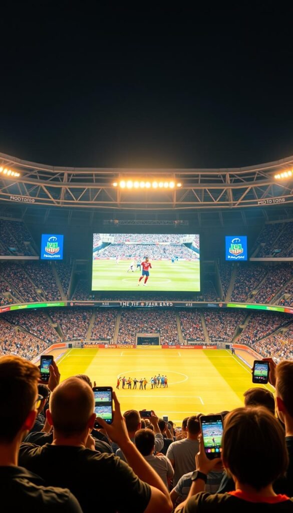 A sports stadium at night, brightly lit with 4K resolution video displays showcasing a high-intensity football match. In the foreground, a group of fans excitedly watching the game on their mobile devices, utilizing the Hoxtoon Provider IPTV service to stream the live action in stunning detail. The middle ground features a large projection screen displaying the game, with crisp, vibrant colors and sharp contrast. The background depicts the stadium's modern architecture, with towering LED screens and state-of-the-art sound systems, creating an immersive, cinematic atmosphere. The lighting is a warm, golden hue, adding to the energy and excitement of the live sports experience.
