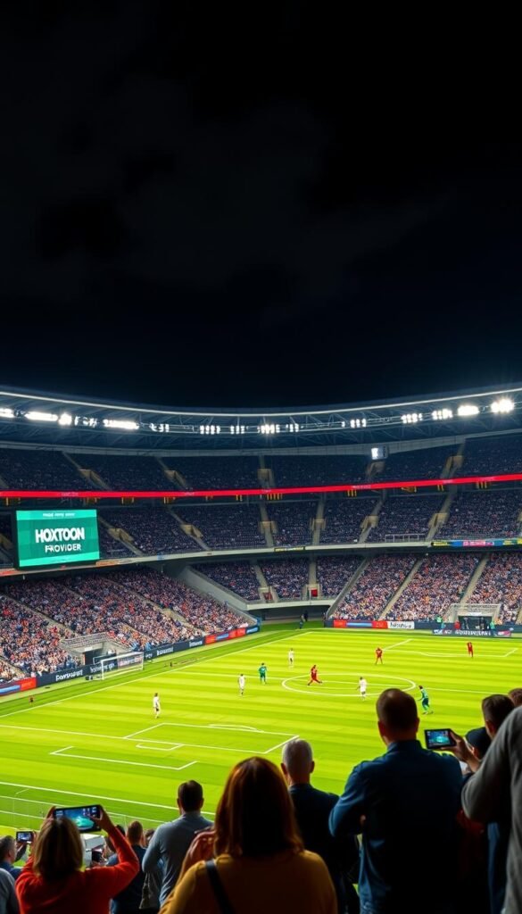 A sports stadium at night, with the Hoxtoon Provider brand prominently displayed on a massive 4K screen. The field is illuminated by state-of-the-art lighting, casting a warm glow over the scene. In the foreground, a group of fans excitedly watching the game on their devices, connected to the Hoxtoon 4K sports IPTV service. The middle ground features the players in action, captured in high definition. The background showcases the sleek, modern architecture of the stadium, with a stunning night sky overhead. The overall atmosphere conveys the thrill and excitement of watching live 4K sports events from the comfort of one's own home, powered by the industry-leading Hoxtoon Provider.