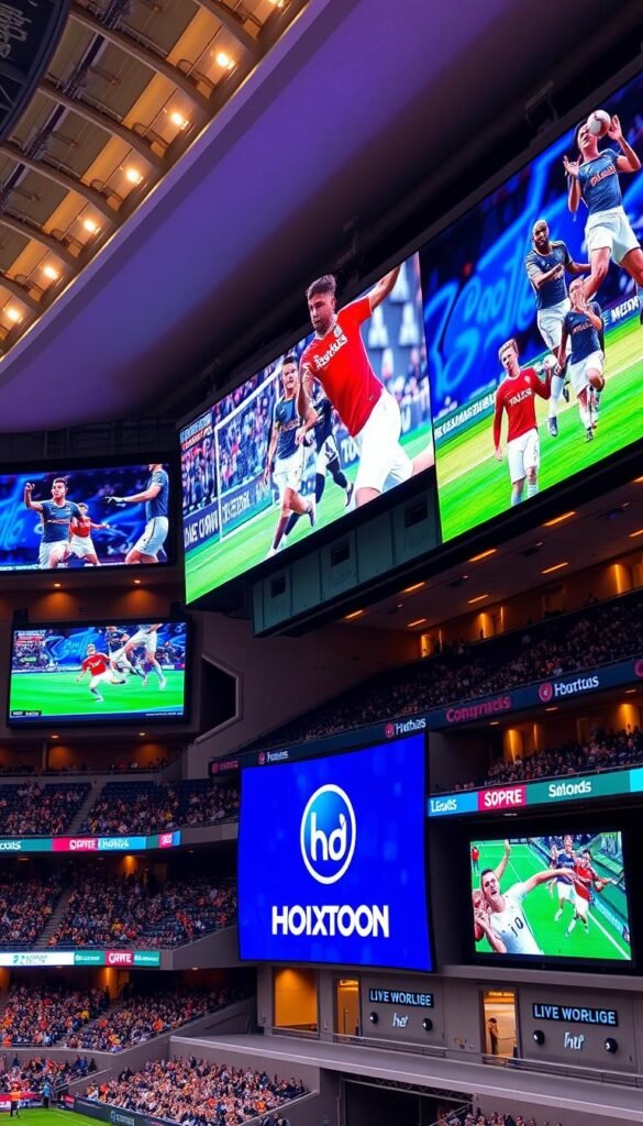 A sports stadium with large LED screens displaying various live sports channels, showcasing the Hoxtoon Provider's comprehensive coverage. The screens depict multiple athletes engaged in different sports - soccer, basketball, tennis, and American football. The arena is brightly lit, with warm lighting highlighting the vibrant colors of the players' uniforms and the Hoxtoon Provider's logo prominently displayed. The camera angle is elevated, capturing the entire scene with a sense of grandeur and excitement. The atmosphere conveys the thrill of live sports, inviting viewers to immerse themselves in the Hoxtoon Provider's sports entertainment experience.
