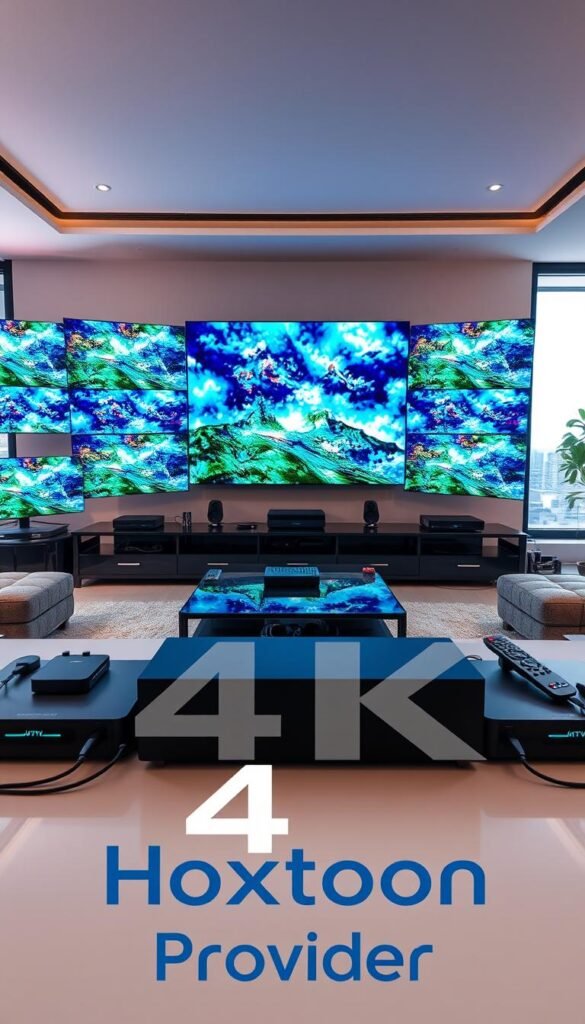 A sprawling 4K IPTV streaming setup, with multiple screens displaying vivid, ultra-high definition content. In the foreground, the Hoxtoon Provider logo is prominently displayed, highlighting the brand's leadership in the 4K streaming market. The middle ground features various streaming devices, cables, and remote controls, suggesting the seamless integration of technology. The background showcases a sleek, modern living room setting, with large windows allowing natural light to flood the scene, creating a warm and inviting atmosphere. The lighting is soft and diffused, lending a cinematic quality to the image. The overall composition conveys the rise of 4K content in the streaming world, showcasing Hoxtoon Provider's commitment to delivering the best possible viewing experience.