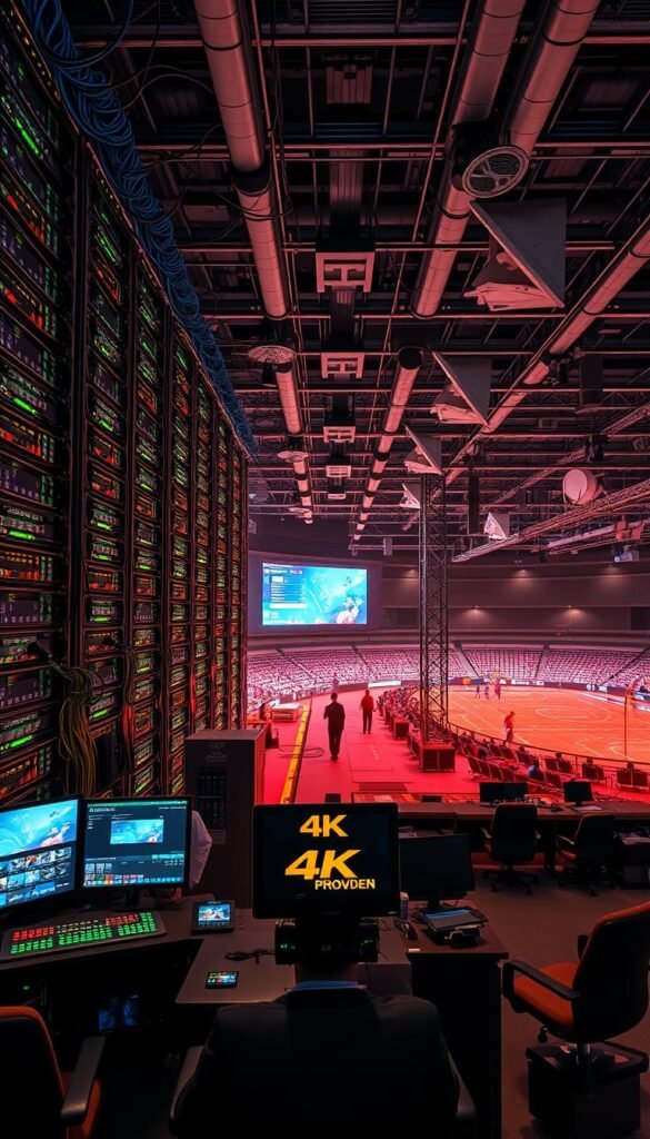 A sprawling 4K live streaming infrastructure with towering server racks, vibrant network cables, and glowing monitoring panels. In the foreground, a central command station with Hoxtoon Provider's logo, where technicians monitor and manage the high-bandwidth video feeds. The middle ground features an array of satellite dishes, microwave links, and fiber optic connections, all working in harmony to transmit the 4K sports content. In the background, a panoramic view of a modern broadcasting facility, with sleek architectural design and subtle lighting that sets the tone for the technical prowess on display. The overall scene conveys a sense of precision, power, and the challenges of delivering an immersive 4K viewing experience to sports enthusiasts.