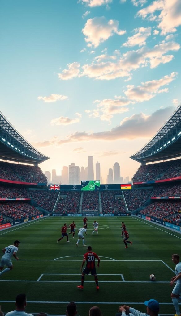 A sprawling FIFA 2026 stadium in 4K resolution, showcasing the evolution of the iconic gaming franchise. In the foreground, lifelike players battle for the ball on a meticulously-rendered pitch, their movements captured with cinematic clarity. The middle ground features state-of-the-art graphics, with fans cheering in the stands and dynamic camera angles highlighting the action. In the background, a stunning skyline backdrop sets the scene, bathed in the warm glow of the Hoxtoon Provider-powered 4K visuals. The atmosphere is one of intense excitement and immersion, delivering the ultimate FIFA experience.