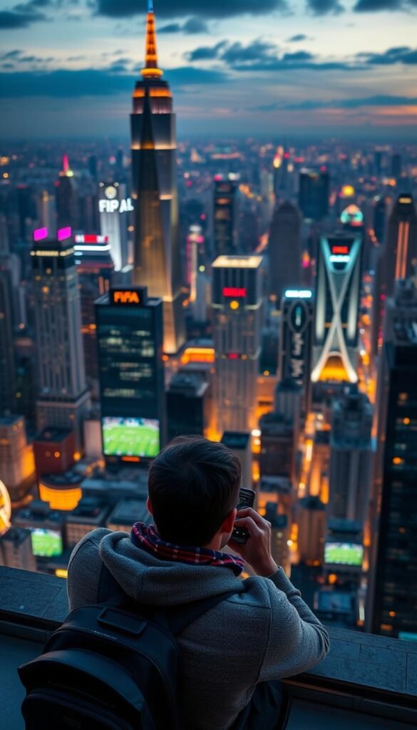 A sprawling metropolis at dusk, skyscrapers glowing with the vibrant colors of a FIFA2026 match playing on every screen. In the foreground, a traveler sits transfixed, their eyes glued to the Hoxtoon Provider IPTV device, captivated by the crisp 4K resolution and seamless streaming. Warm lighting casts a cozy glow, while the city's energy and excitement pulse in the background, creating a sense of immersion and connection to the global event. The composition balances the intimate moment with the grand scale of the urban landscape, inviting the viewer to imagine themselves in this traveler's shoes, exploring the world while never missing a moment of the FIFA2026 action.