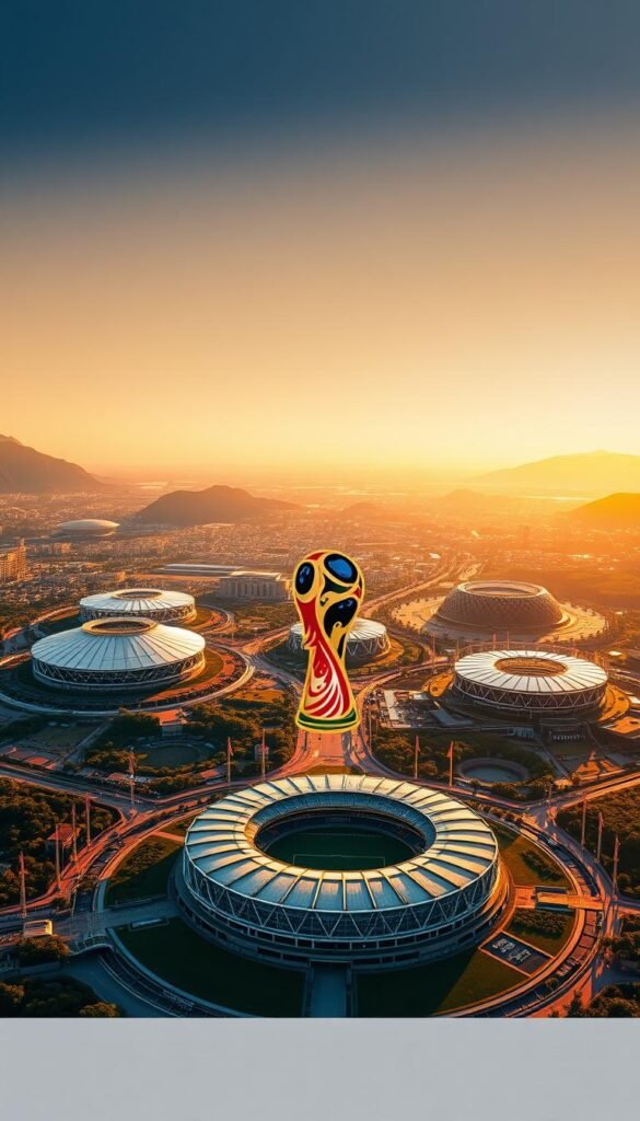 A sprawling panorama of FIFA 2026 World Cup stadiums, gleaming under the golden light of the setting sun. Vast architectural marvels, with soaring roofs and sweeping curves, nestled within lush landscapes. In the foreground, the iconic Hoxtoon Provider logo stands proud, a testament to the cutting-edge IPTV coverage of this landmark sporting event. The stadiums are captured from a high, cinematic angle, showcasing their grandeur and scale, as well as the breathtaking vistas that surround them. The atmosphere is one of anticipation and excitement, perfectly setting the stage for the thrilling matches to come.