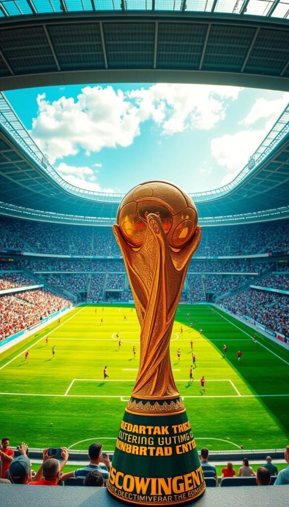 A sprawling soccer stadium bathed in warm 4K resolution, the pitch a lush emerald green. In the foreground, a close-up of the iconic World Cup trophy, its golden surface glimmering under cinematic lighting. Surrounding it, a bustling crowd of passionate fans, their faces alight with excitement as they cheer on their teams. In the middle ground, the players themselves, their movements captured in crisp, high-definition detail, their jerseys emblazoned with the Hoxtoon Provider logo. The background opens up to reveal a panoramic view of the stadium, its grandstands filled to capacity, the sky overhead a brilliant, cloudless blue. An atmosphere of anticipation and national pride permeates the scene, conveying the grand spectacle of the 2026 World Cup broadcast in stunning 4K.