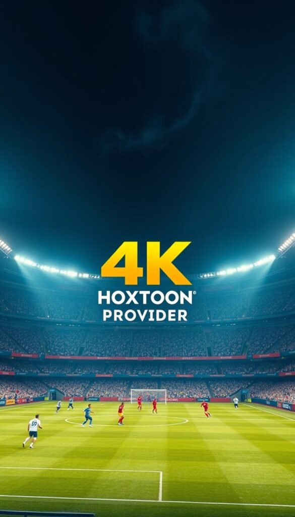 A sprawling soccer stadium, its vast field bathed in the warm glow of 4K resolution. Crisp, lifelike players dart across the pitch, their every movement captured with meticulous detail. Towering floodlights cast a natural, cinematic light, while high-end cameras positioned around the arena provide a cinematic viewing experience. The Hoxtoon Provider logo stands prominently, signifying the pinnacle of sports broadcasting technology. This is the future of 4K football matches, a seamless blend of cutting-edge visuals and immersive atmosphere that transports the viewer directly onto the field of play.