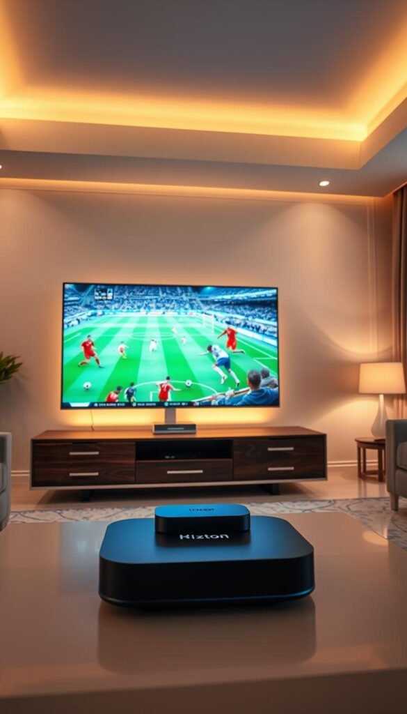 A state-of-the-art 4K streaming service for the 2026 World Cup, Hoxtoon Provider offers a crisp, immersive viewing experience. In the foreground, a sleek, minimalist smart TV displays the vibrant match action, its screen framed by a modern, metallic bezel. Soft, warm lighting casts a cozy glow, while the middle ground features a stylish media console housing the Hoxtoon streaming device. In the background, a clean, elegant living room setting with neutral tones and contemporary furnishings sets the scene, conveying a sense of comfort and high-end sophistication. The overall atmosphere is one of technological prowess and premium quality, perfectly suited for the ultimate 4K World Cup viewing experience.