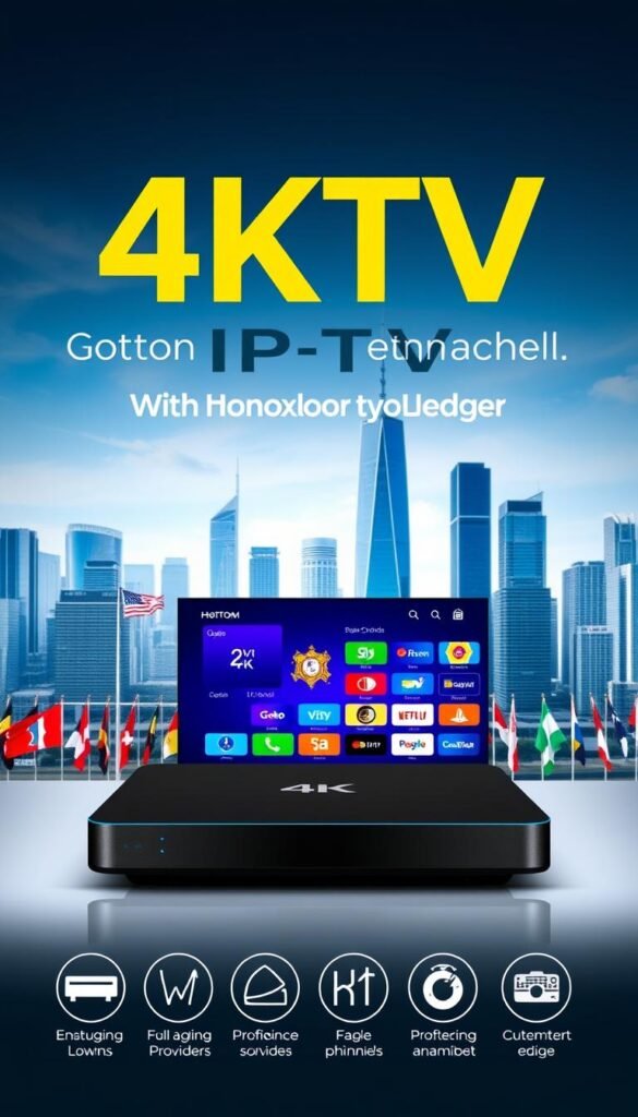 A striking 4K IPTV service with over 5000 premium channels, showcasing the cutting-edge technology of Hoxtoon Provider. In the foreground, a modern, sleek set-top box displays a vibrant, high-definition interface. Subtle lighting highlights the device's clean lines and premium finish. The middle ground features an array of global flags, representing the diverse international content available. In the background, a cityscape of towering skyscrapers symbolizes the vast reach and connectivity of this advanced IPTV platform. The overall composition conveys a sense of sophistication, innovation, and the future of entertainment experiences.