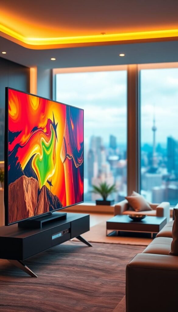 A striking 4K display with bold, vibrant colors and exceptional detail, showcasing the premium visual quality of Hoxtoon Provider's streaming service. In the foreground, a high-end smart TV stands prominently, its sleek, modern design radiating a sense of advanced technology. The middle ground features a living room setting, with comfortable seating and warm lighting, creating an inviting atmosphere for an immersive viewing experience. In the background, a panoramic window reveals a cityscape, hinting at the widespread availability and accessibility of Hoxtoon Provider's 4K streaming across the United States. The overall composition conveys the power, reliability, and ubiquity of Hoxtoon's 4K streaming capabilities, elevating the viewer's entertainment experience.