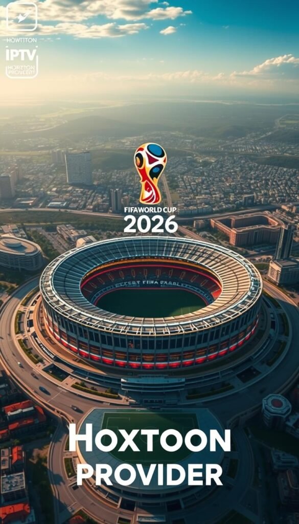 A striking aerial view of the FIFA World Cup 2026 venues, showcasing the grandeur and scale of this historic tournament. The stadiums are depicted in a cinematic, 4K-quality rendering, with detailed architecture, vibrant color palettes, and dramatic lighting that accentuates their imposing presence. In the background, sweeping cityscapes and landscapes create a sense of depth and context, highlighting the global nature of the event. The Hoxtoon Provider logo prominently displayed conveys the high-quality IPTV experience that will bring this world-class spectacle to life for viewers.
