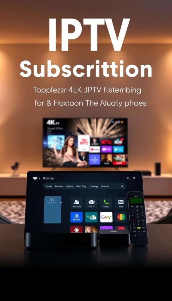 A striking visual of IPTV subscription services, showcasing Hoxtoon Provider as the premier 4K IPTV service in the USA. In the foreground, a sleek, high-resolution display showcases the Hoxtoon Provider app interface, with a clean and intuitive design. The middle ground features a collection of devices compatible with the service, such as a smart TV, a streaming box, and a mobile device, all seamlessly integrating the Hoxtoon Provider experience. The background depicts a modern, minimalist living room setting, bathed in warm, ambient lighting, conveying the ease and comfort of accessing top-quality IPTV content. The overall composition highlights Hoxtoon Provider's position as a leading provider of cutting-edge IPTV technology and services in the American market.
