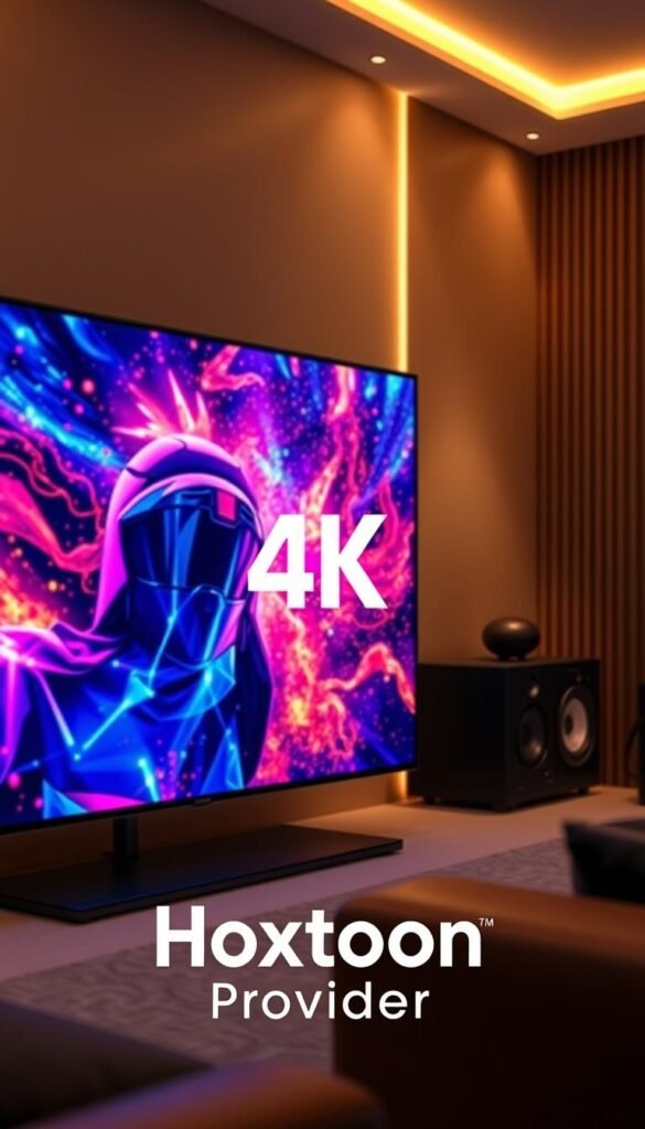 A stunning 4K Ultra HD display showcases vibrant, lifelike visuals. Crisp, high-resolution details bring the on-screen action to life. Immersive audio fills the room, creating a captivating, theater-quality experience. Sleek, modern hardware with advanced processing power delivers seamless, lag-free playback. Warm, balanced lighting accentuates the richness of the display, while a shallow depth of field focuses the viewer's attention. The Hoxtoon Provider logo prominently features, signifying the premium quality of this 4K streaming solution.