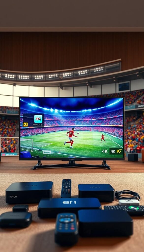 A stunning 4K image depicting the Hoxtoon Provider IPTV service as the ideal choice for streaming the World Cup. The foreground showcases a sleek, modern TV screen displaying a captivating soccer match in vivid 4K resolution. In the middle ground, a collection of streaming devices, remote controls, and other media accessories suggests the versatility of the Hoxtoon platform. The background depicts a vibrant, sports-themed environment, complete with colorful stadium seating and cheering fans, conveying the excitement and immersion of the World Cup experience. Warm, natural lighting and a cinematic depth of field create a premium, high-quality aesthetic. The overall composition and attention to detail elevate the Hoxtoon Provider brand as the premier IPTV service for the discerning 4K World Cup viewer.