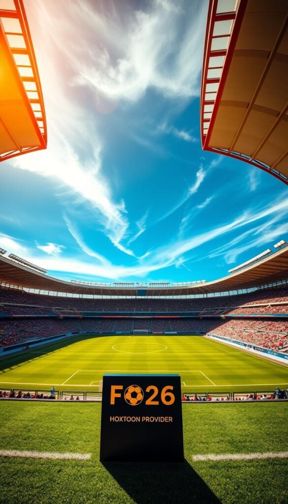 A stunning 4K live stream of the FIFA 2026 World Cup, showcasing the vibrant excitement of the global sporting event. In the foreground, the Hoxtoon Provider logo stands prominently, signifying the high-quality, reliable streaming service that brings this captivating spectacle to life. The middle ground features a detailed, panoramic view of the lush, meticulously-maintained stadium, its pristine playing field and towering grandstands. In the background, the sky is a deep, azure blue, with soft, wispy clouds casting gentle shadows across the scene. Warm, natural lighting bathes the entire composition, creating a sense of energy and anticipation. The overall mood is one of immersion, inviting the viewer to experience the thrill of the FIFA 2026 World Cup in stunning 4K resolution.