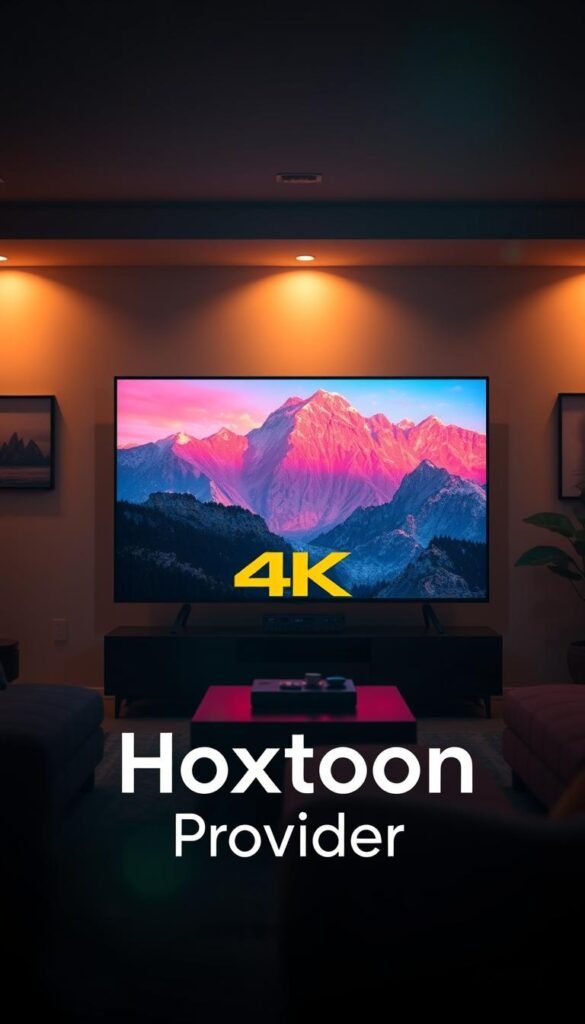 A stunning 4K resolution streaming scene, showcasing the revolutionary Hoxtoon Provider's high-quality media delivery. In the center, a sleek 4K Ultra HD television displays vibrant, lifelike imagery, with deep blacks and vivid colors. The background features a modern, minimalist living room setting, bathed in warm, diffused lighting that creates a cozy, cinematic atmosphere. Subtle lens flare effects add depth and dimension, while the camera angle provides an immersive, eye-level perspective. The Hoxtoon Provider brand name is prominently featured, highlighting its role in delivering this exceptional 4K streaming experience.