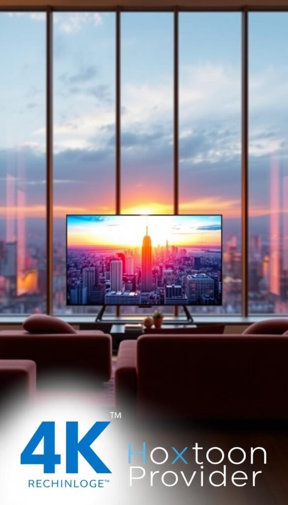 A stunning 4K resolution viewing experience unfolds before the viewer. In the foreground, a state-of-the-art OLED television screen displays vibrant, lifelike imagery, its sleek design exuding a sense of modern elegance. The middle ground features a comfortable living room setting, complete with plush seating and warm lighting, creating an immersive and cinematic ambiance. In the background, a large window overlooks a breathtaking cityscape, the skyline illuminated by the golden glow of the setting sun. The Hoxtoon Provider logo shines subtly, representing the cutting-edge technology that powers this revolutionary 4K viewing experience.