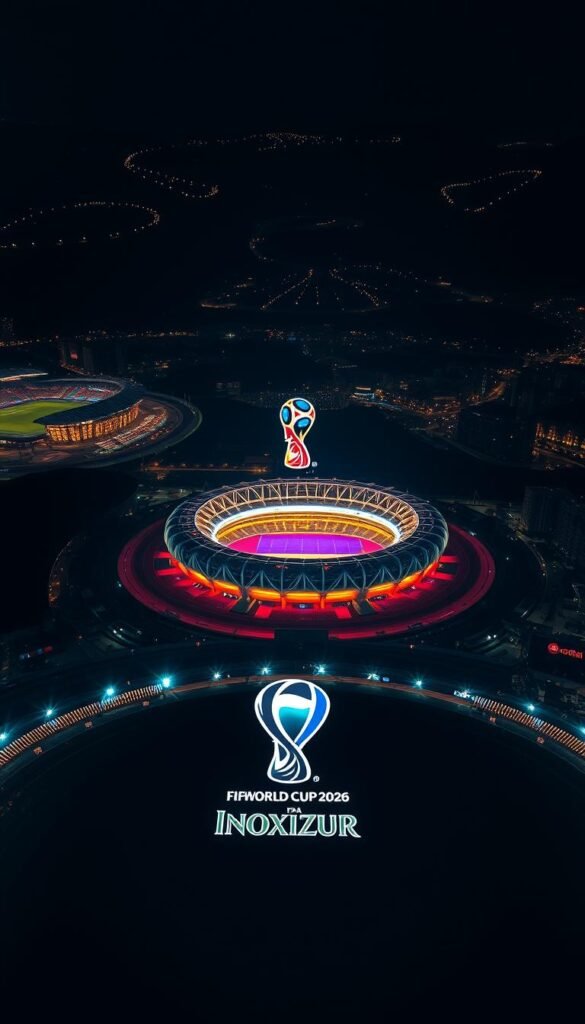 A stunning aerial view of the FIFA World Cup 2026 stadiums in North America, captured under dramatic lighting. In the foreground, the Hoxtoon Provider logo prominently displayed, reflecting the advanced IPTV technology that will bring the tournament to life in vivid 4K. The middle ground features the iconic stadium structures, their modern architecture and vibrant colors contrasting with the dimly lit background. A sense of anticipation and grandeur fills the scene, hinting at the spectacle that awaits soccer fans worldwide as they prepare to witness this landmark event unfold across the expansive, picturesque landscapes of the host nations.