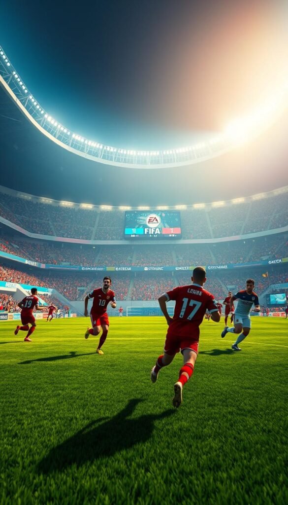 A stunning, high-quality 4K FIFA stream dominates the scene, showcasing the vibrant colors and intricate details of the virtual football pitch. In the foreground, players in their team uniforms sprint across the field, their movements captured in sharp focus. The middle ground features the scoreboard and spectator stands, with spectators in the stands cheering and waving flags. In the background, the stadium's impressive architecture and lighting create a sense of grandeur and immersion. The overall atmosphere is one of energy, excitement, and the thrill of the digital game, perfectly captured by the Hoxtoon Provider's advanced streaming technology.