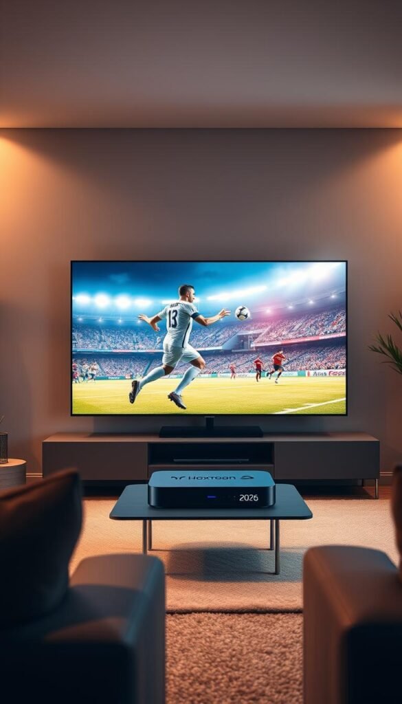 A stunning, ultrarealistic image of the FIFA 2026 football game running seamlessly on an Android IPTV device, showcasing the superior performance and reliability of the Hoxtoon Provider. Set in a modern, minimalist living room, the scene features a large, high-definition TV screen displaying the vivid, action-packed gameplay, while an elegant, sleek IPTV set-top box takes center stage, prominently displaying the Hoxtoon Provider branding. The room is bathed in warm, ambient lighting, creating a cozy and immersive atmosphere, perfect for an engrossing football viewing experience. The composition emphasizes the harmony between cutting-edge technology and refined home entertainment, highlighting Hoxtoon Provider as the ultimate choice for sports enthusiasts seeking the best IPTV solution in the USA.