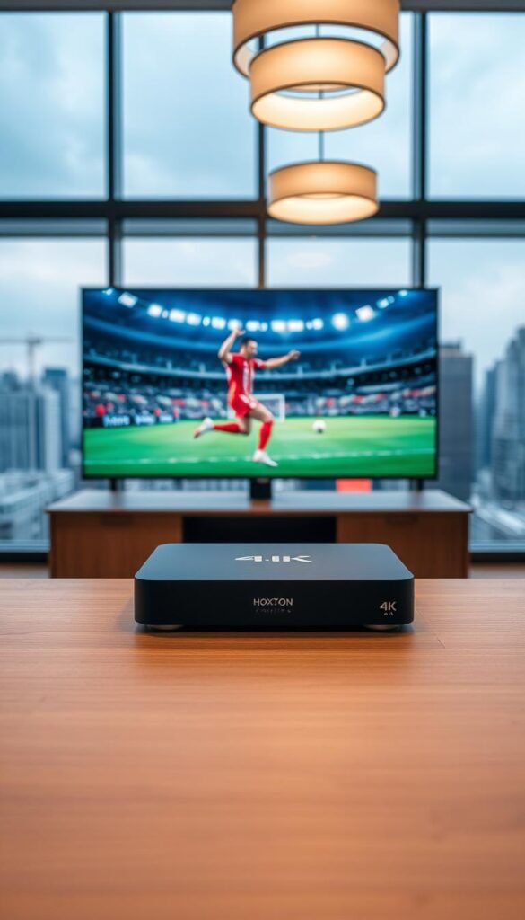 A stylish and modern IPTV solution showcasing the "Hoxtoon Provider" brand. In the foreground, a sleek black set-top box with clean lines and subtle branding sits atop a minimalist wooden table. Behind it, a large, high-definition television screen displays a vibrant 4K sports event, capturing the excitement of the World Cup. The middle ground features elegant lighting fixtures casting a warm, inviting glow. In the background, floor-to-ceiling windows offer a panoramic view of a bustling city skyline, representing the global reach and connectivity of the "Hoxtoon Provider" IPTV service. The overall scene conveys a sense of sophistication, technological advancement, and the perfect entertainment solution for hotels and hospitality venues.