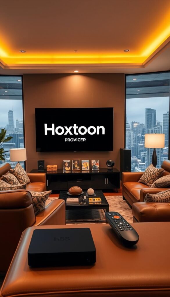 A stylish living room with modern decor, featuring a large flat-screen TV prominently displaying the "Hoxtoon Provider" logo. Warm ambient lighting casts a cozy glow, while a plush leather sofa and matching armchair invite viewers to relax and enjoy the ultimate IPTV experience. In the foreground, a sleek remote control and a high-end streaming device symbolize the cutting-edge technology. The middle ground showcases a selection of sports memorabilia, hinting at the comprehensive coverage of major sporting events. The background depicts floor-to-ceiling windows overlooking a bustling cityscape, representing Hoxtoon's nationwide reach and reliability.