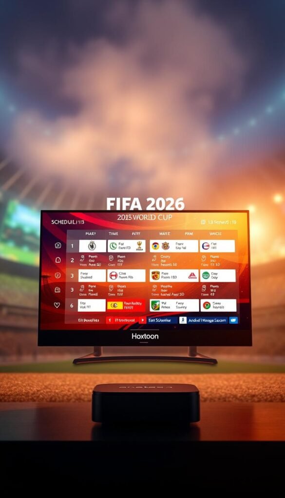 A stylized, cinematic rendering of the FIFA 2026 World Cup schedule displayed on an Android IPTV device, showcasing the excitement and anticipation for the upcoming tournament. The screen features a sleek, modern interface with vivid graphics, team logos, and match details illuminated by warm, directional lighting. The device is positioned prominently in the foreground, surrounded by a blurred, atmospheric background hinting at the global scale of the event. The "Hoxtoon Provider" branding is subtly integrated into the design, highlighting its role in delivering this immersive viewing experience.